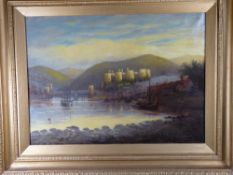 ELIZA WOODCOCK oil on canvas - Conwy Castle, Bridge, Harbour and boats from the Marine Walk side,