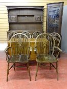 A MIXED SUITE OF DINING ROOM FURNITURE to include a Priory style oak dresser and glazed top corner