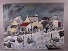 OWEN MEILIR oil on canvas on stretcher - stone wall with dwellings to the background and snow