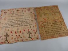 TWO UNFRAMED MID 19th CENTURY NEEDLEWORK SAMPLERS, faded and worn conditions, 'Eliza Williams,