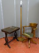 A SMALL SIDE TABLE WITH LYRE ENDS (damaged top), a vintage swivel desk chair and a mid Century