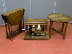 A SMALL OAK DROP LEAF GATE LEG COFFEE TABLE, a circular occasional table and a Frister & Rossman