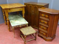 A MIXED PARCEL OF FURNITURE including a small modern pine table, a two door walnut effect cabinet, a