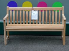 AN 'ALEXANDER ROSE' MAHOGANY GARDEN BENCH, 146 cms long