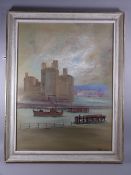 BRETT LONDON oil on board - Caernarfon Castle with trawler exiting the harbour, signed in full, 59 x