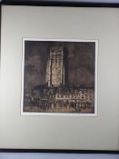 FRANK BRANGWYN etching - 'The Church at Furnes' with numerous figures in the street, signed in