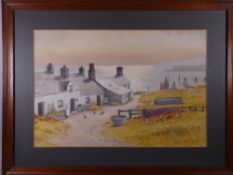 WARREN WILLIAMS ARCA watercolour - cove side cottages at Moelfre, Anglesey with woman, baby and