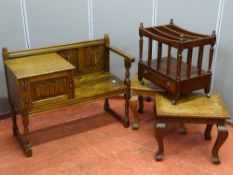 A PRIORY OAK STYLE TELEPHONE SEAT with linenfold detail, a pair of rectangular topped side tables