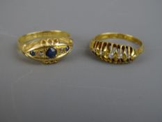 TWO EIGHTEEN CARAT GOLD DRESS RINGS, one with tiny diamonds, size 'K/L' and the other of three small