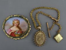 TWO ITEMS OF VICTORIAN PINCHBECK JEWELLERY to include an oval brooch set with a painted porcelain