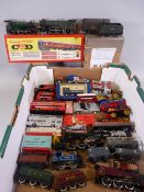 MODEL RAILWAY - shoebox of model cars, buses etc, Dinky, Corgi, Lesney, Matchbox, plus three working