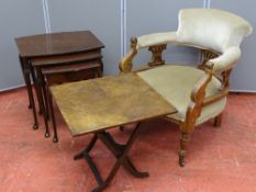 AN EDWARDIAN MAHOGANY SALON ARMCHAIR with pierced support detail and scroll end arms, 74 cms high,