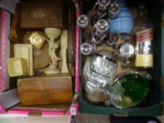 Two wooden caskets, a carved miniature folding table, ivorine figures, glassware and EPNS in two
