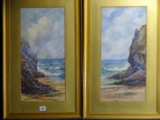 H SANDS two watercolour studies - rocky cliffside with gulls in flight and steam ships to the
