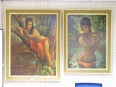J H LYNCH two mid Century framed prints - sultry ladies, 68 x 49 cms and 78 x 58 cms