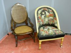 An early 20th Century cane seated and backed chair and a gilt decorated bedroom chair with raised