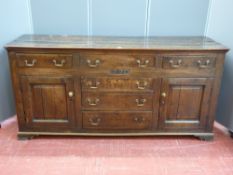 18th Century oak dresser base, peg jointed construction with 'T' arrangement of six opening