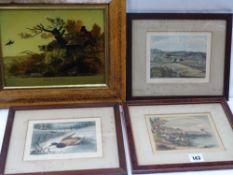 Reproduction sporting print titled 'The Spaniel' and three small antique coloured sporting prints,