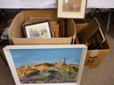 Box of framed pictures and prints, a vintage wooden easel and a quantity of empty pictures frames