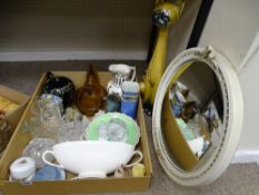 Mixed china, glassware, ornamental cat and a convex wall mirror