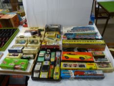 Collection of vintage and later tinplate and diecast trains and vehicles, many boxed, Japan,