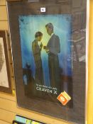 Framed gelatin advertising card for Craven A cigarettes and an Oriental painting of a peacock, 57