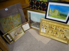 Mixed selection of framed pictures and prints and a vintage 'Snakes & Ladders' board, mounted behind