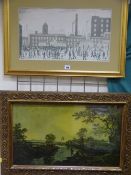 L S LOWRY unsigned framed print - figures outside a factory and RICHARD WILSONvintage framed print