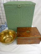 Victorian walnut brass bound writing slope (for restoration), an Oriental brass fruit bowl and a
