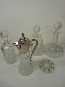 Glass claret jug with plated mounts, a ship's type decanter with stopper and two further glass