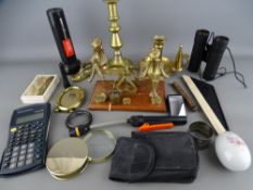 A box of collectables including a vintage set of postal scales, a pair of 10 x 25 binoculars, an old