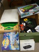 Unboxed Scalextric type set, a boxed desktop air soccer game and a wooden example along with a boxed