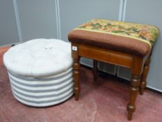 Edwardian mahogany box seat piano stool and a modern button upholstered circular footstool