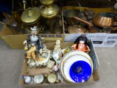 A Capodimonte type figurine and other collectable china, brass, copperware, lamps etc