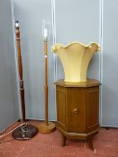 Octagonal single door cabinet and two vintage wooden standard lamps