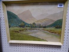 T DAVIES watercolour - riverside scene with cattle and mountains to the background, 26 x 37 cms