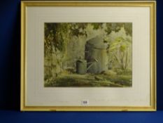 H L ADAMSON RCA watercolour - still life watering can, titled verso 'Sunlight & Shadow', 1978,