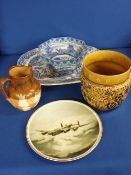 Cauldon blue and white chariot pattern bowl, a Willow meat platter, two Doulton stoneware pots and a
