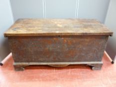 Substantial antique blanket chest with poker work decoration on decorative corner feet, 147cms x
