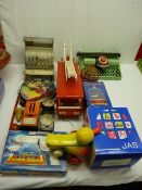 Quantity of vintage tinplate and other toys including a St Michael tin, cash till, a Mettoy
