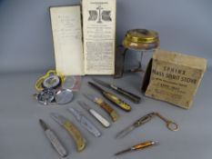 An 1832 Gores Directory for Liverpool, a collection of vintage pocket knives, two pocket compasses
