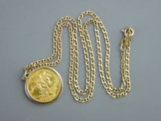 1994 half sovereign in a nine carat gold mount on a fine link nine carat gold necklace, 8.8 grms