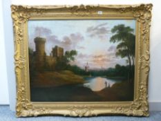 EARLY CONTINENTAL SCHOOL oil on canvas - town to background with castle and figures fishing in the