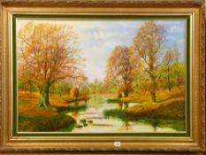 J WILSON HEPBURN oil on canvas - autumnal lakeside landscape, signed, 60 x 90 cms