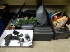 Three model cars, a vintage booster seat, desktop electricals and a quantity of art and music