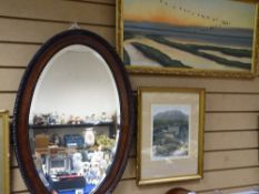 Oval framed Edwardian wall mirror, C WATSON oil on board - titled 'Pink Footed Geese over a