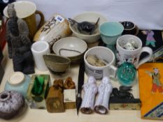 A collection of Studio pottery including sterling silver and other pottery topped rings, a selection