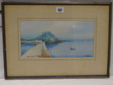 T WESTON watercolour - Mont Orgueil, Jersey, 14.5 x 29.5 cms