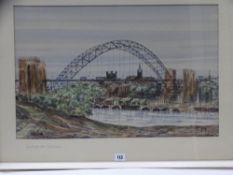 J N PADDEN pen and watercolour - 'Tyne Bridge from Gateshead', dated '76, 39 x 61 cms