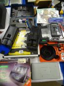 Boxed core cutter, a Ryobi drill, two sets of modern binoculars, a cased Rotary tool kit etc